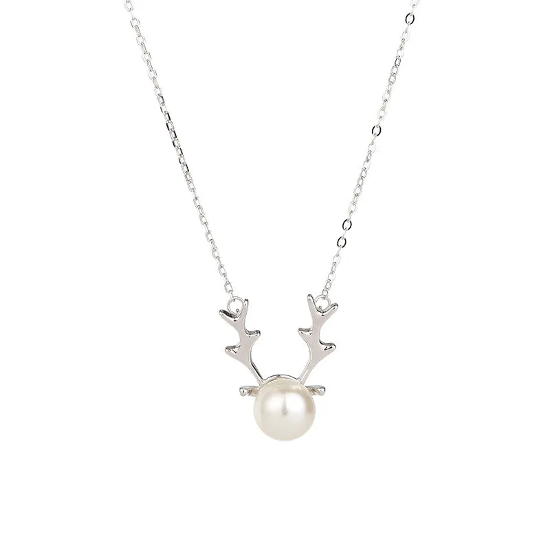 Christmas Elk Antlers Pearl Pendant Necklace