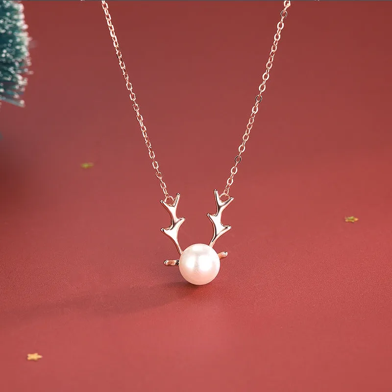 Christmas Elk Antlers Pearl Pendant Necklace