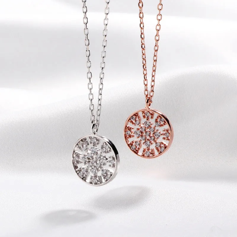 Circle Hollow Zircon Flower Silver Necklace