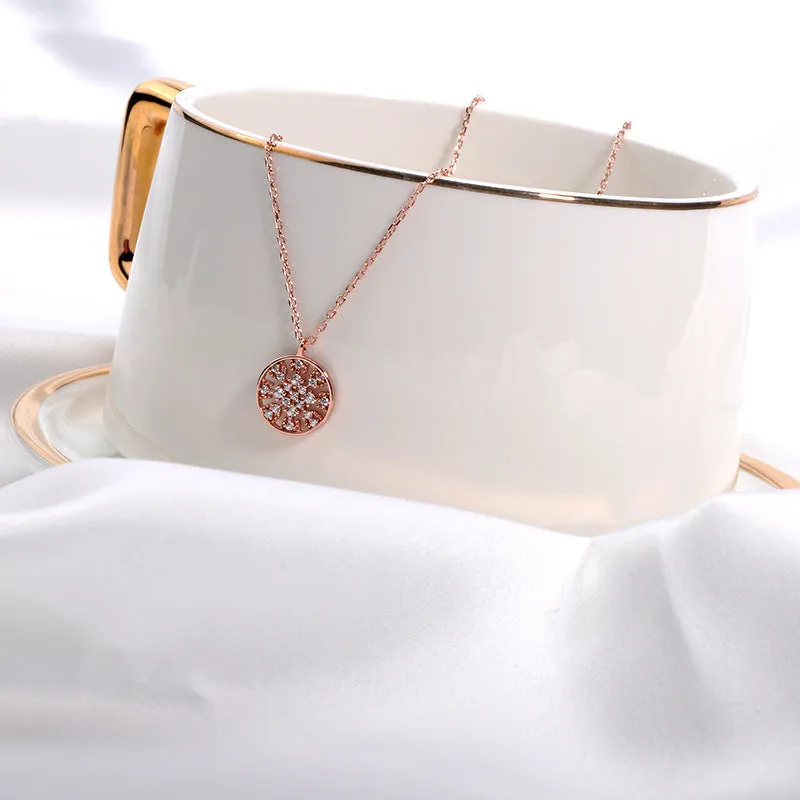 Circle Hollow Zircon Flower Silver Necklace