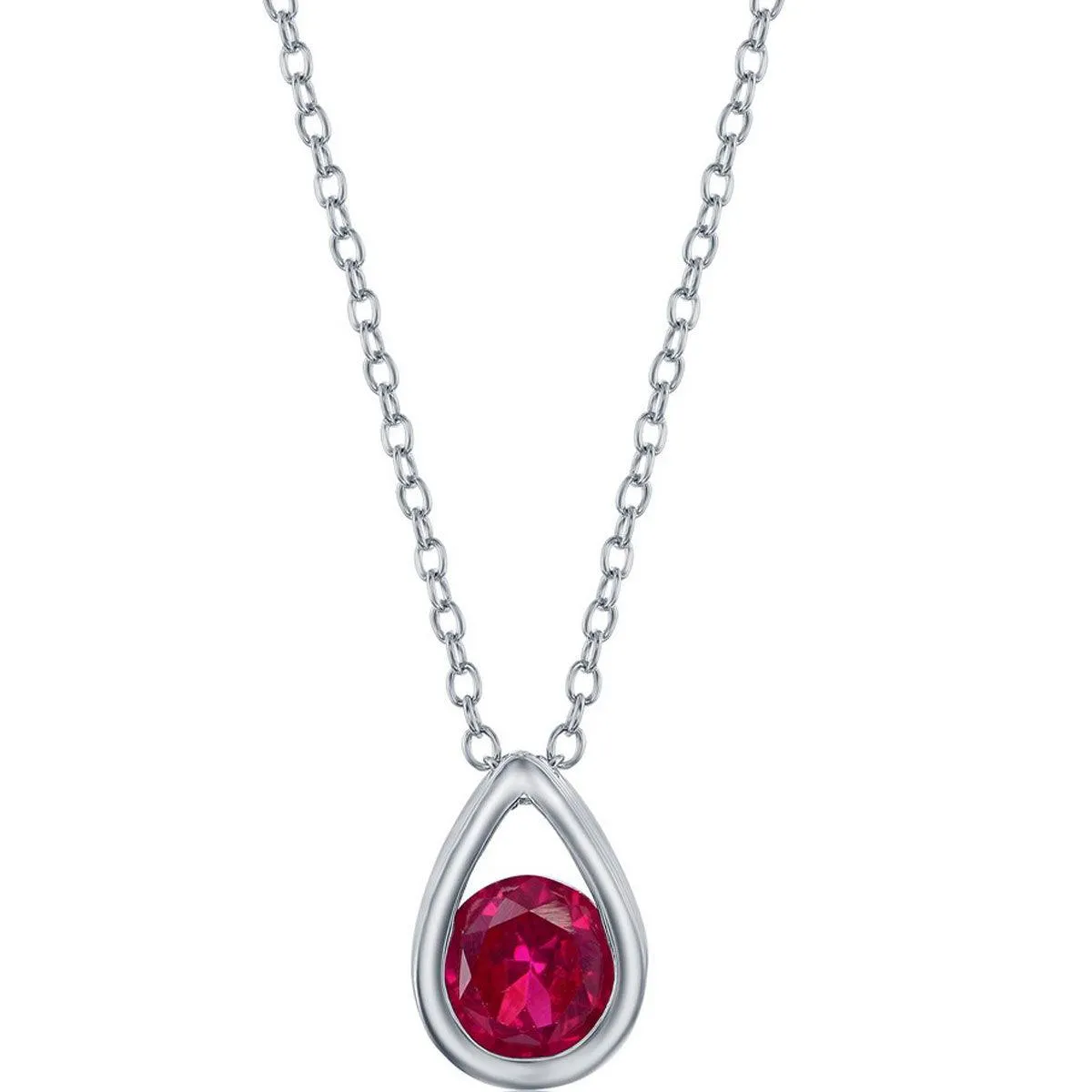 Classic Women's Necklace - Sterling Silver Created Ruby Birthstone Pear-shaped | M-6894