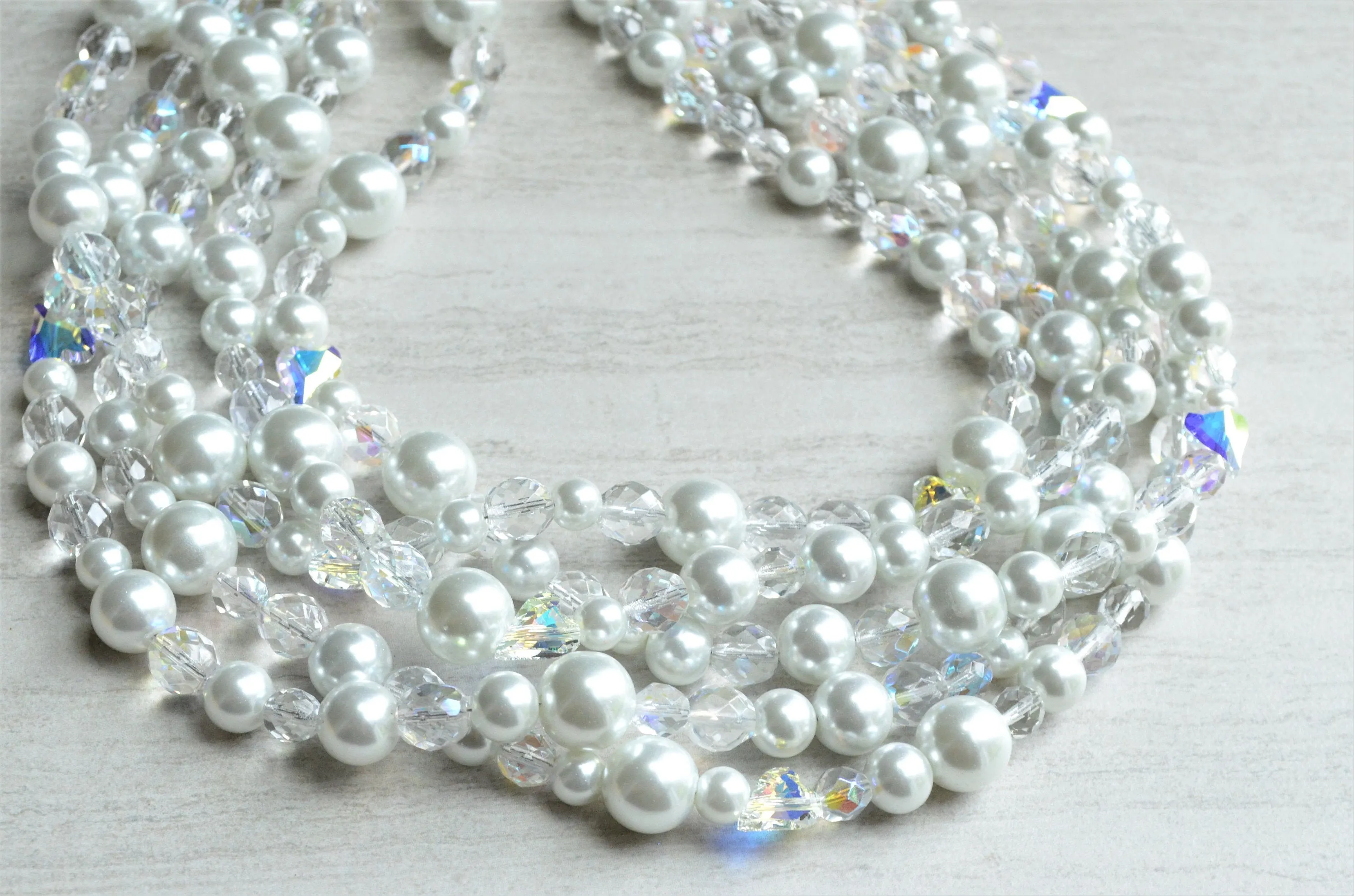 Clear White Pearl Heart Crystal Beaded Statement Necklace - Melissa