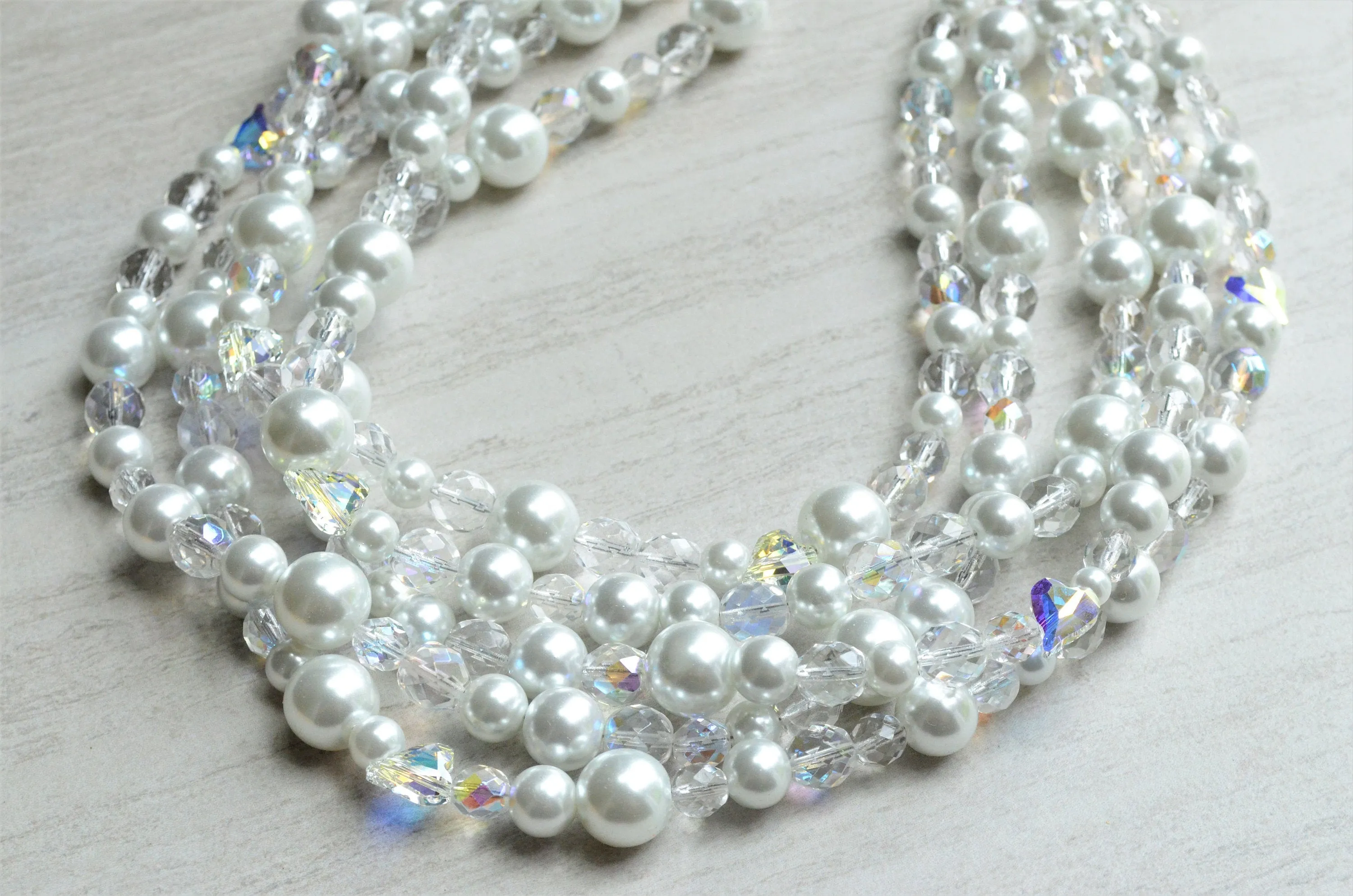 Clear White Pearl Heart Crystal Beaded Statement Necklace - Melissa