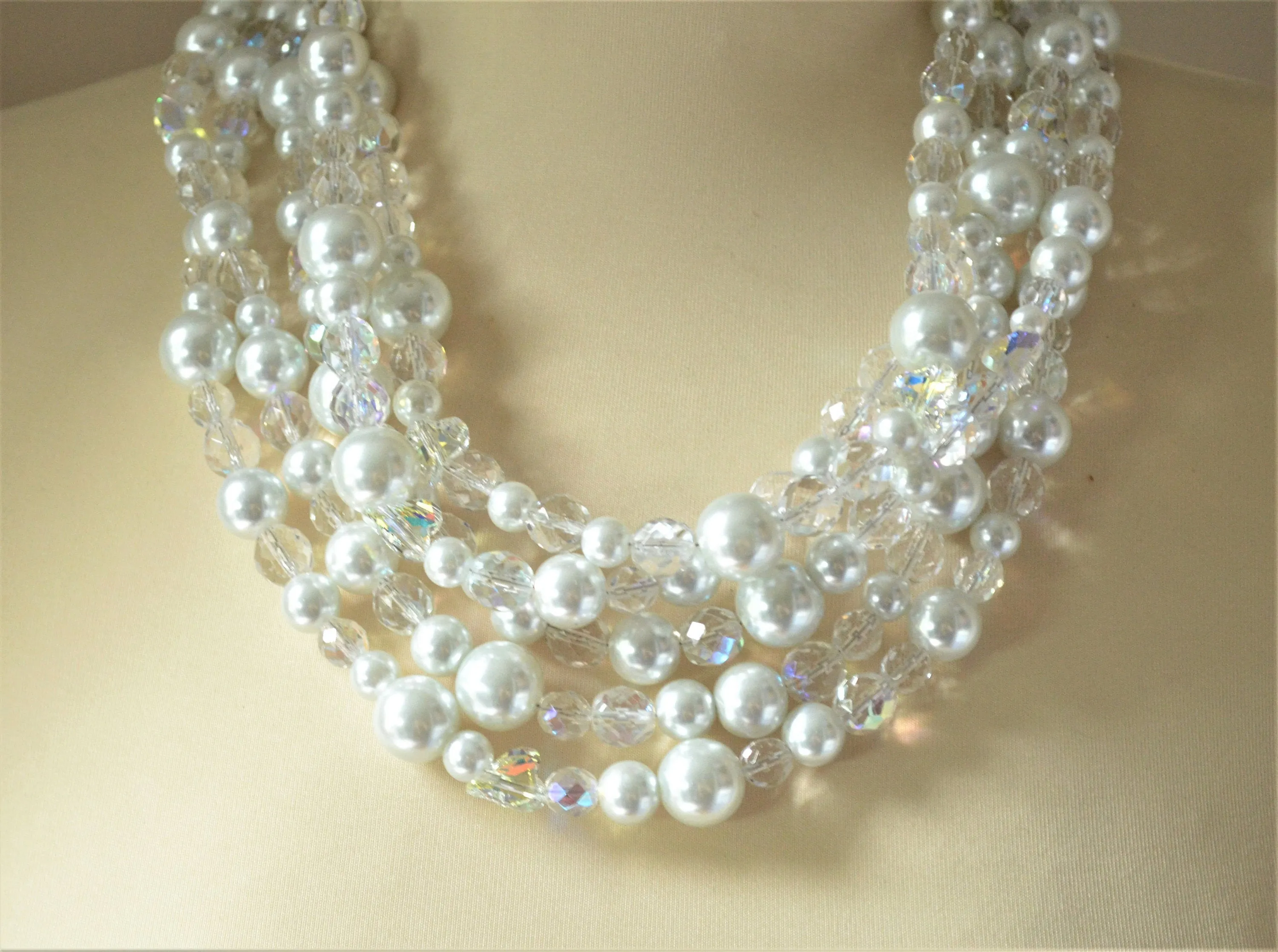 Clear White Pearl Heart Crystal Beaded Statement Necklace - Melissa