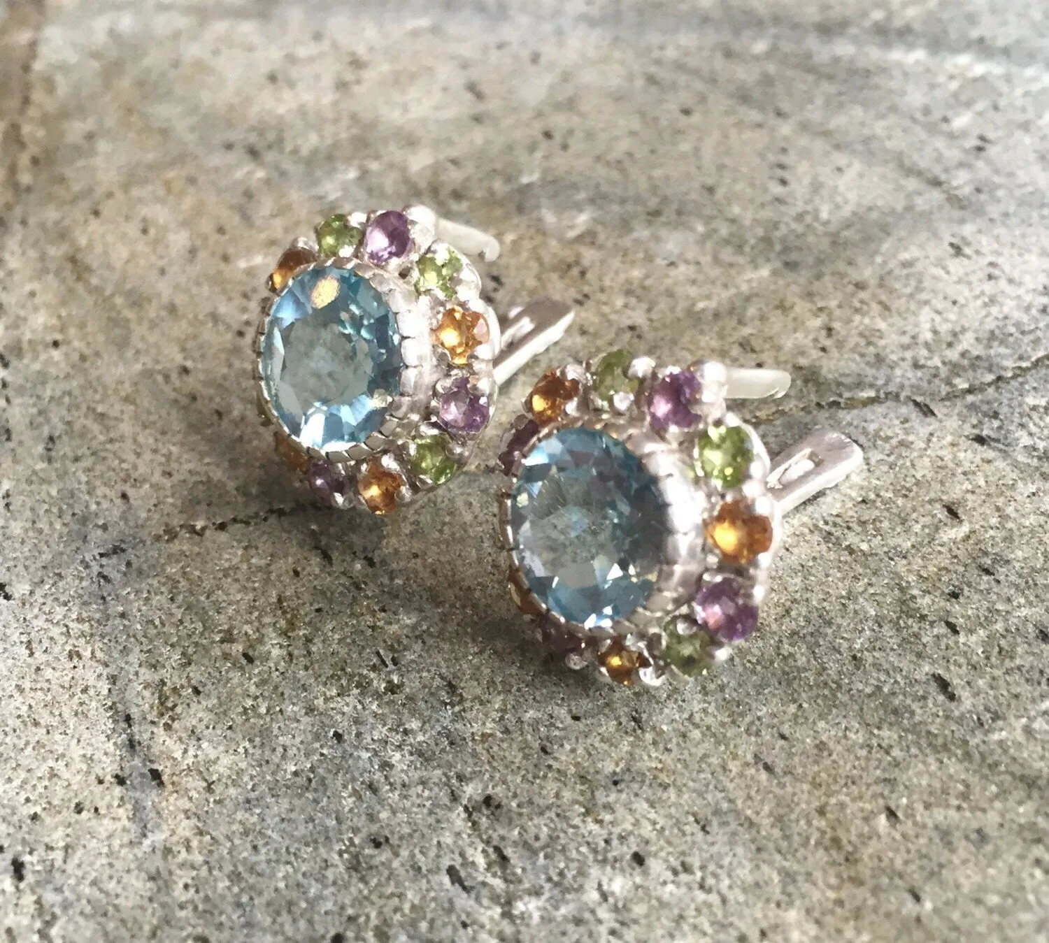 Colorful Flower Earrings - Blue Topaz Victorian Earrings - Statement Flower Earrings