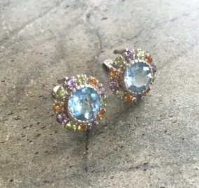 Colorful Flower Earrings - Blue Topaz Victorian Earrings - Statement Flower Earrings