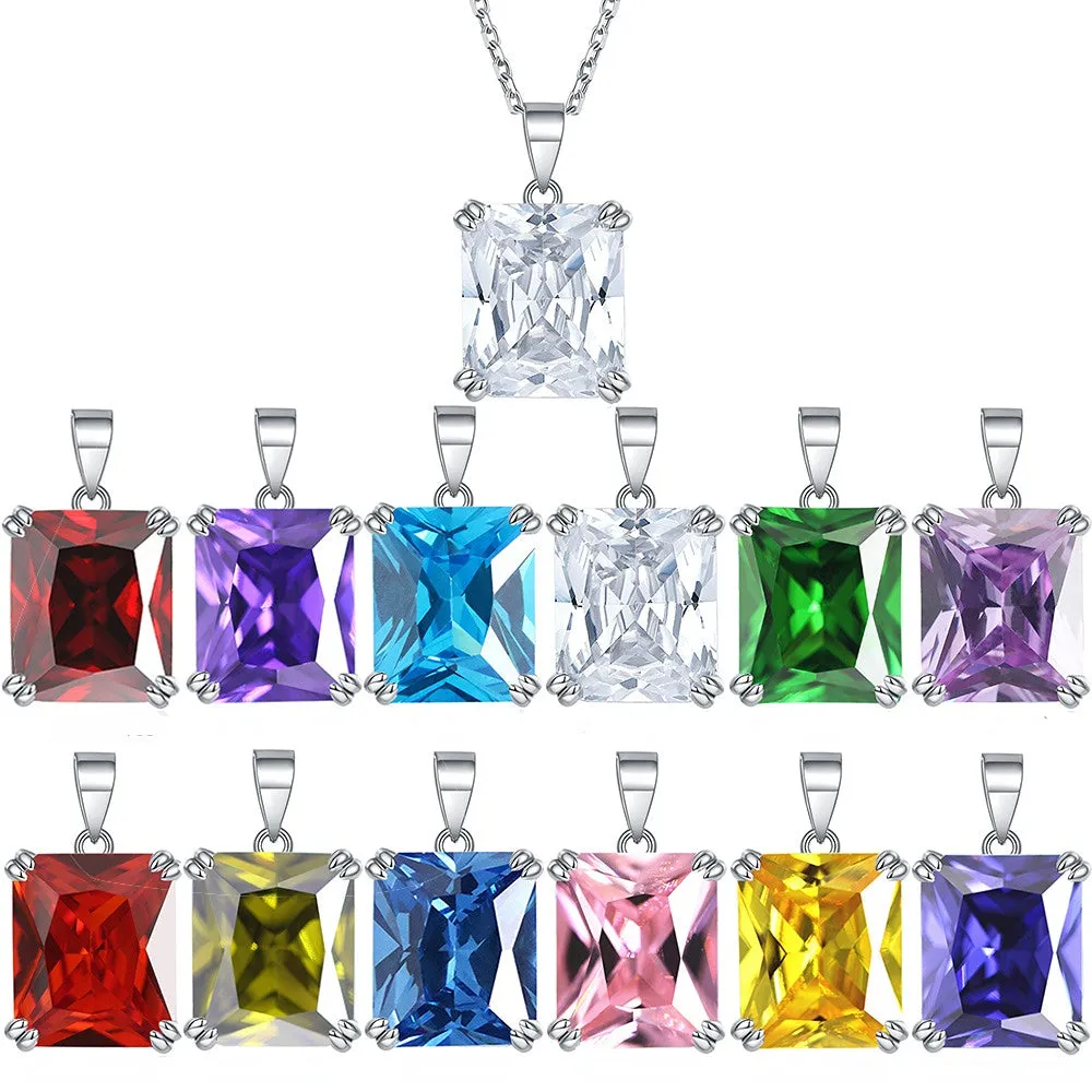 Colorful Rectangle Zircon Pendant Silver Necklace for Women