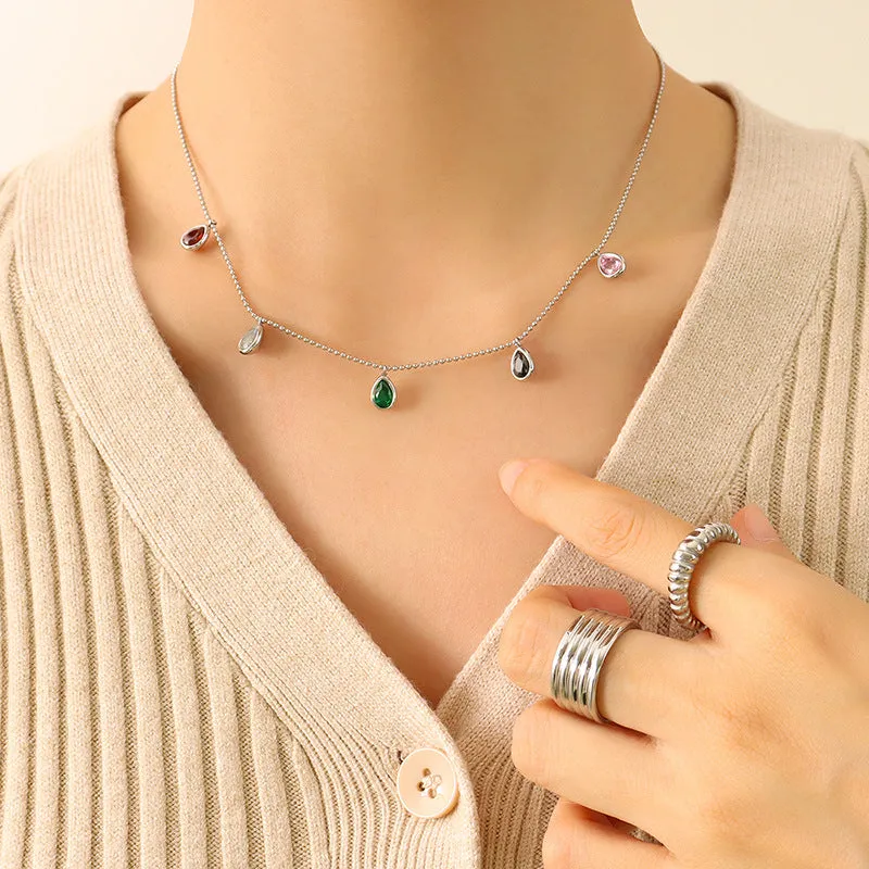 Colorful Zircon Pendant Necklace with Collarbone Neck Chain - Everyday Genie Collection