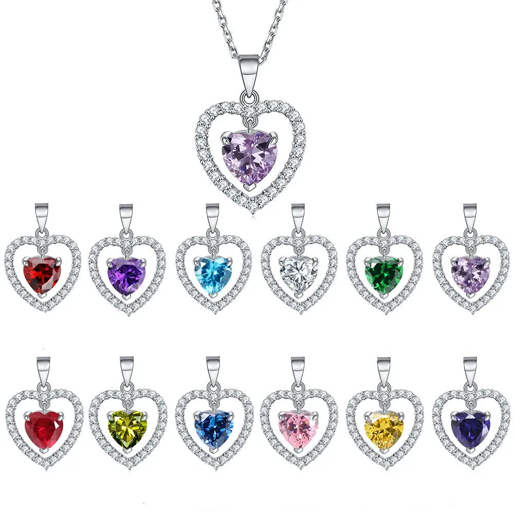 Colourful Heart Zircon Pendant Silver Necklace for Women