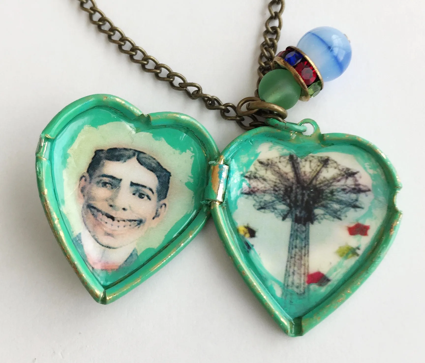 Coney Island Tillie Face Locket Necklace with Rhinestones