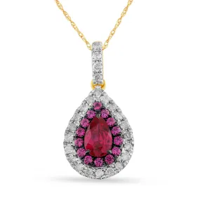 Created Pear Ruby Necklace with 1/5ct of Diamonds in 9ct Yellow Gold