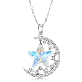 Crescent Moon Five Point Star Zircon Silver Necklace