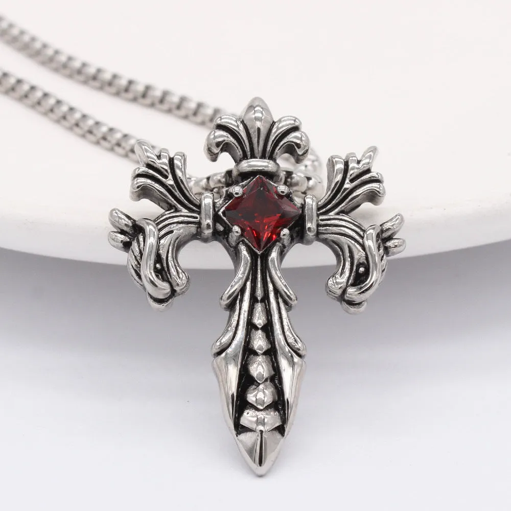 Cross Flower Sword Square Zircon Titanium Steel Necklace for Men