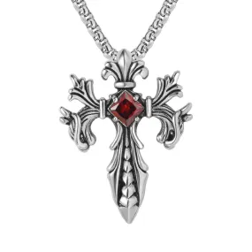 Cross Flower Sword Square Zircon Titanium Steel Necklace for Men