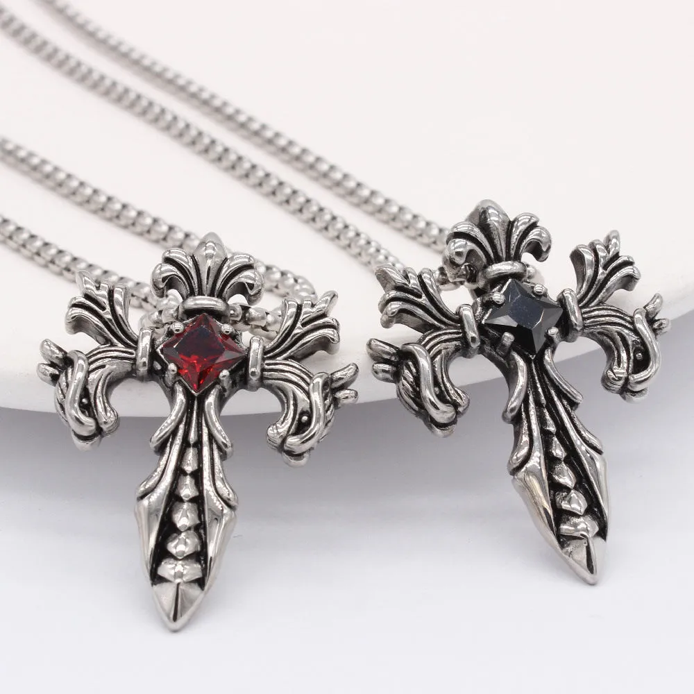 Cross Flower Sword Square Zircon Titanium Steel Necklace for Men