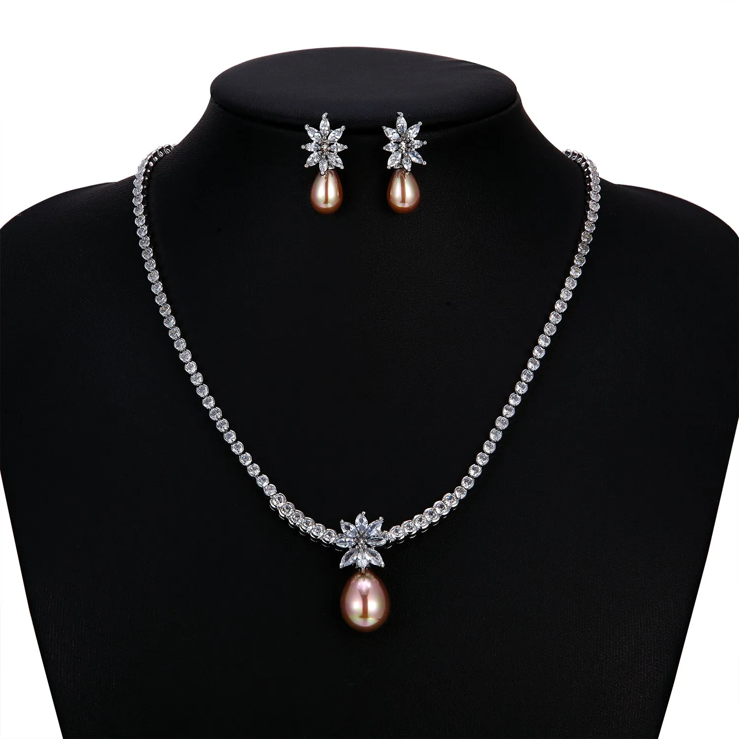 Cubic zirconia bride wedding pearls necklace earring set CN10266-1