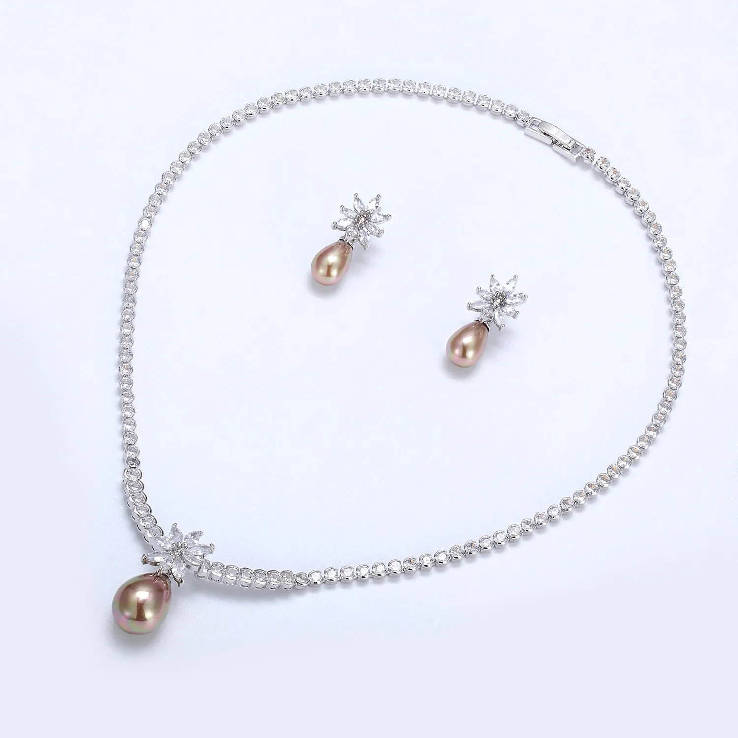 Cubic zirconia bride wedding pearls necklace earring set CN10266-1