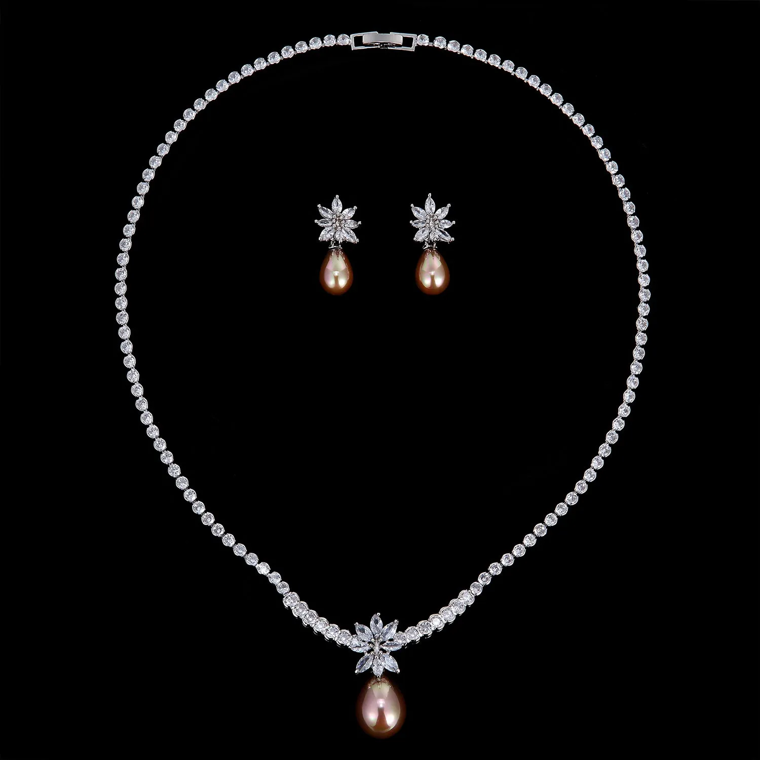 Cubic zirconia bride wedding pearls necklace earring set CN10266-1