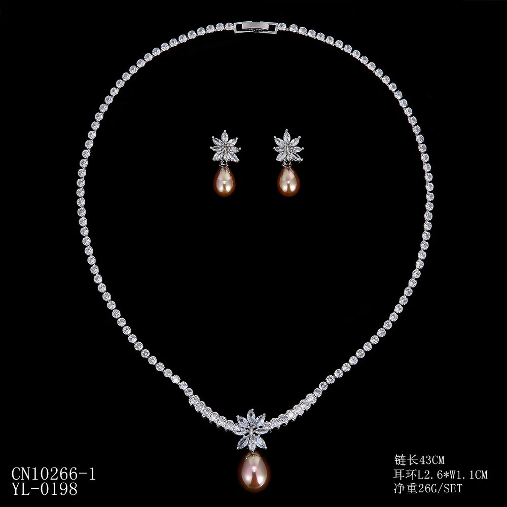 Cubic zirconia bride wedding pearls necklace earring set CN10266-1