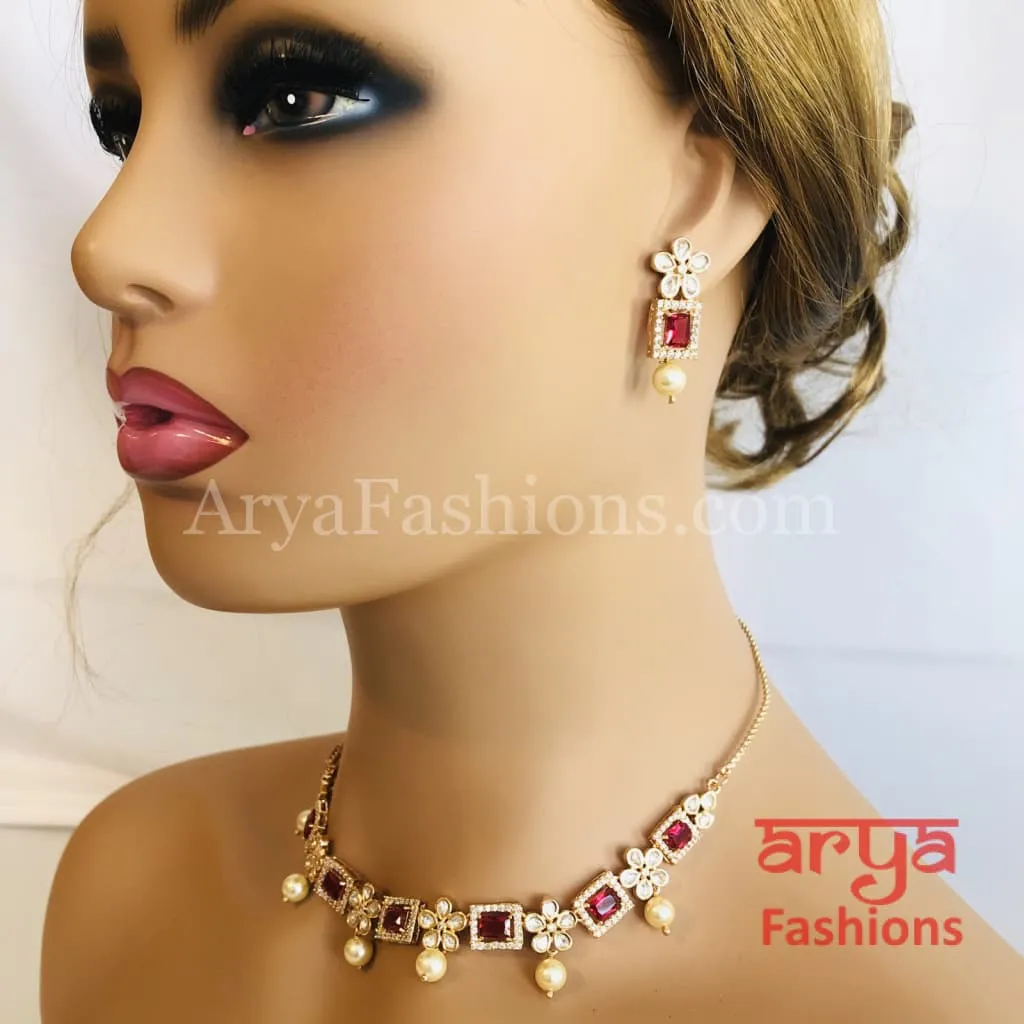 Cubic Zirconia Necklace with Ruby Stones in Rose Gold Finish