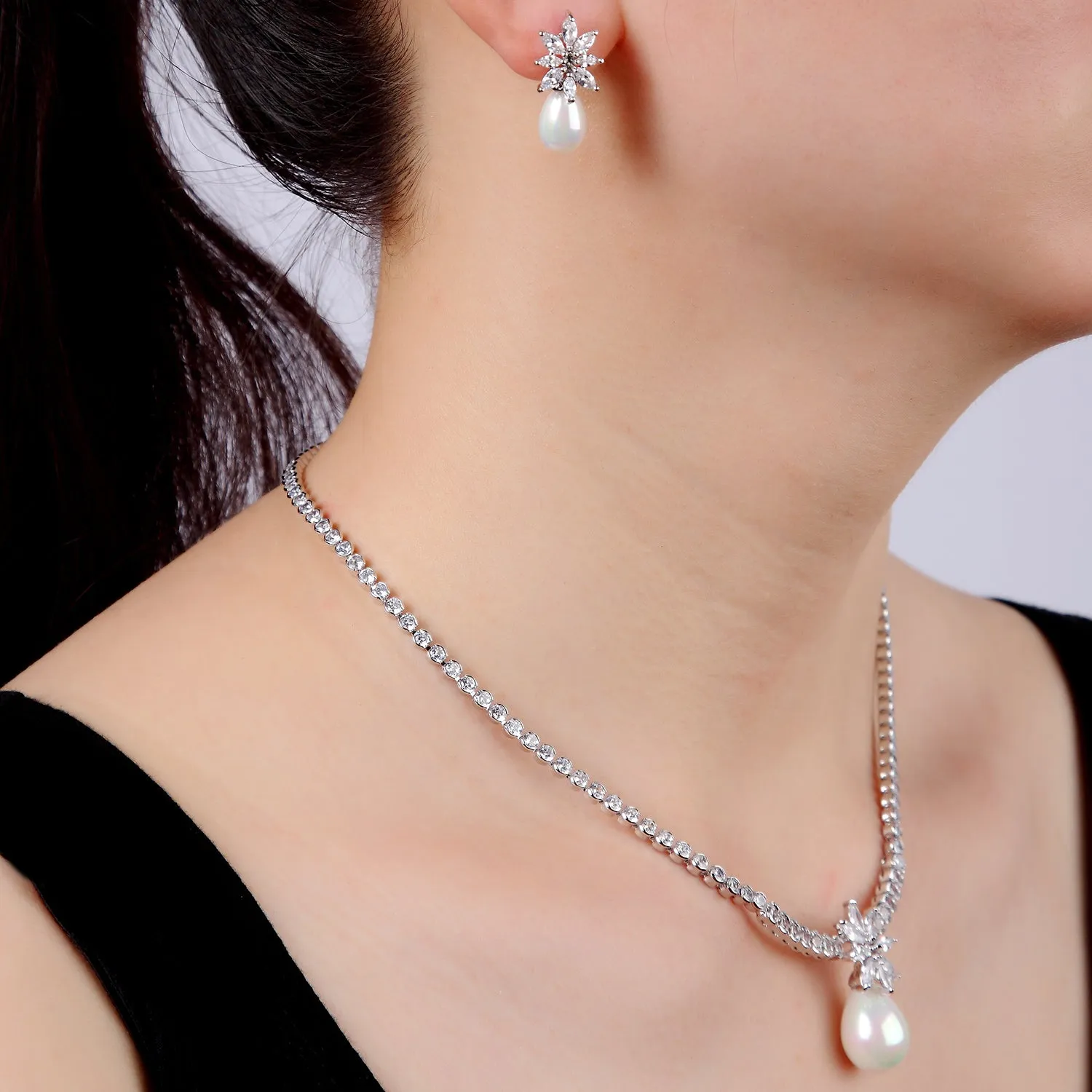 Cubic zirconia Pearl wedding necklace earring set CN10266