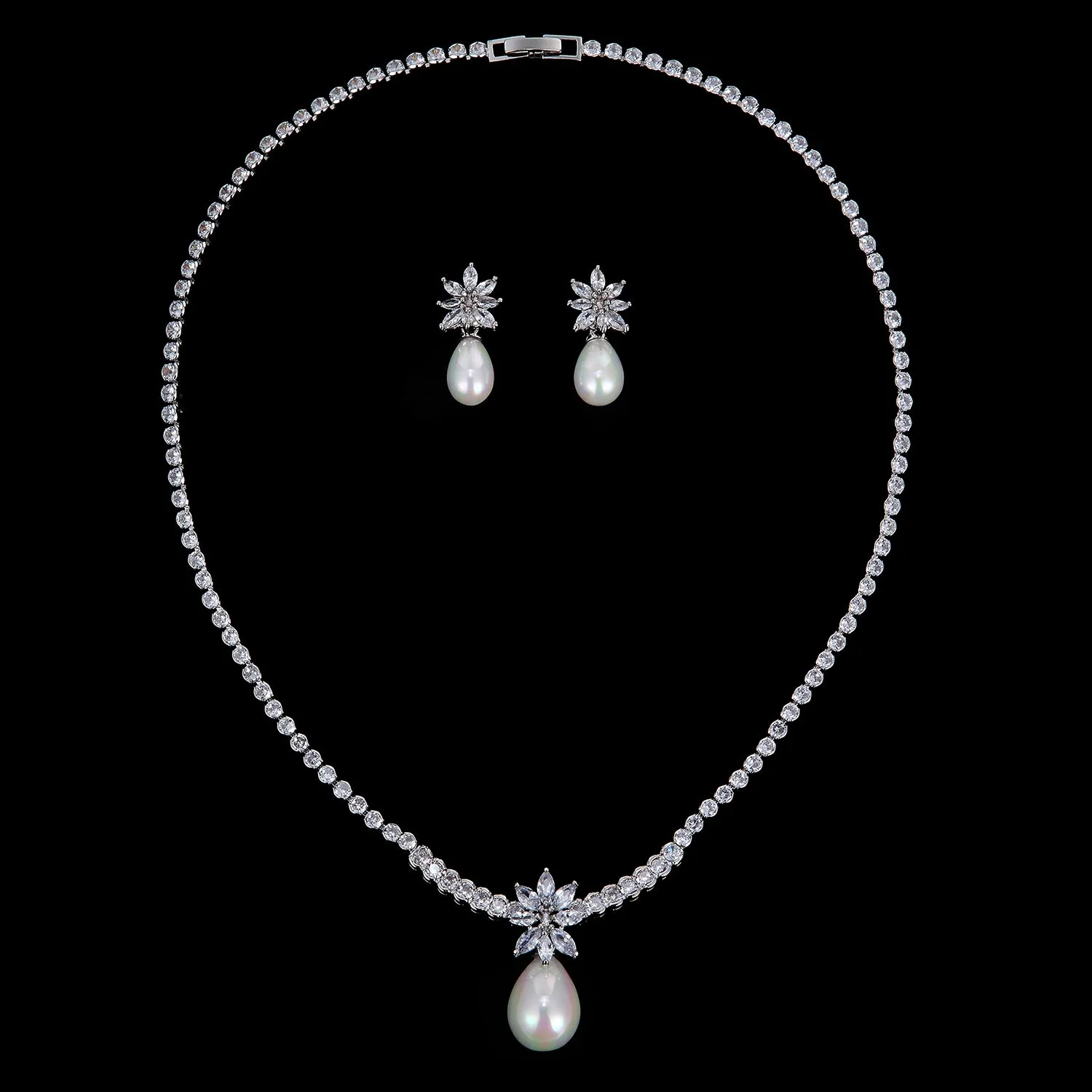 Cubic zirconia Pearl wedding necklace earring set CN10266