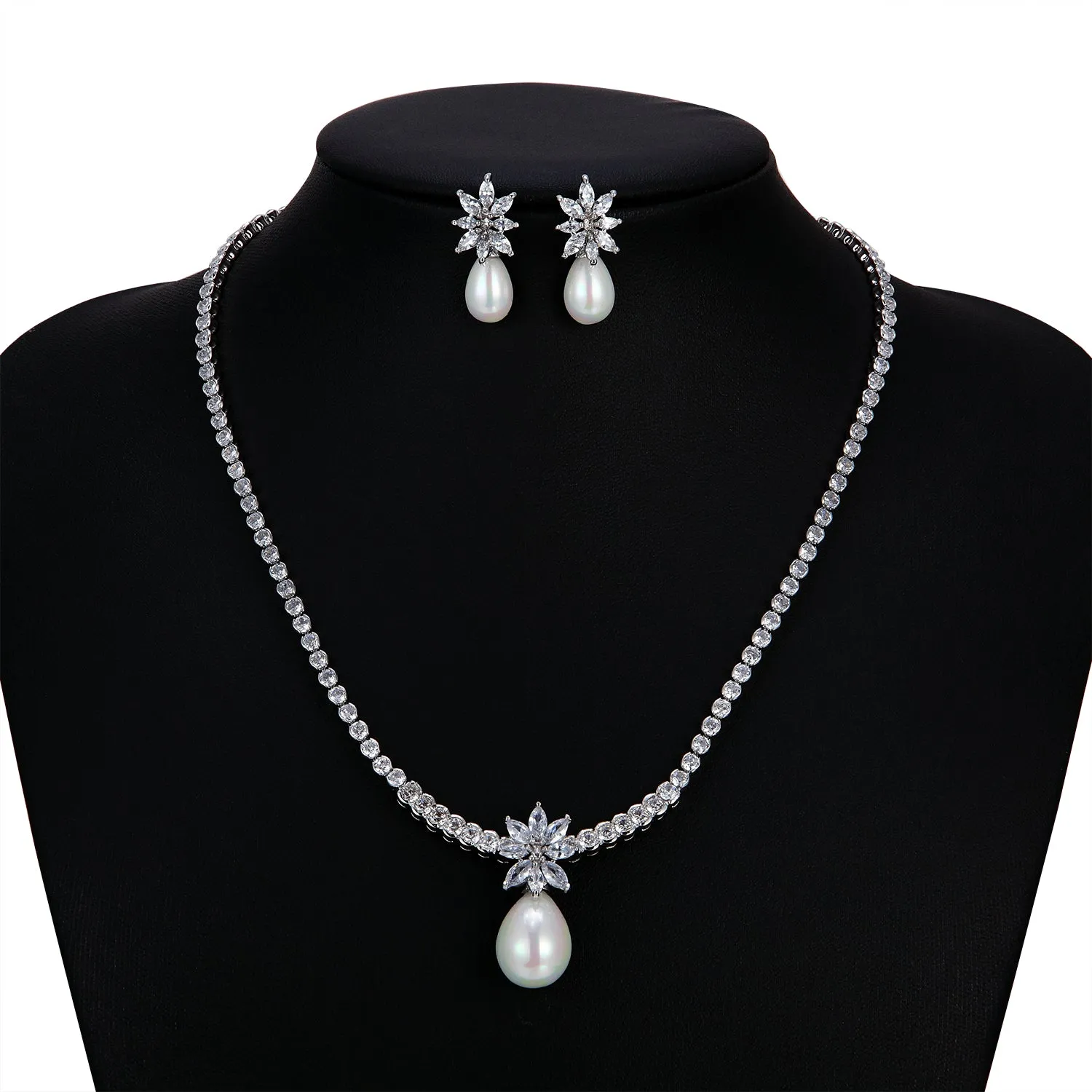 Cubic zirconia Pearl wedding necklace earring set CN10266