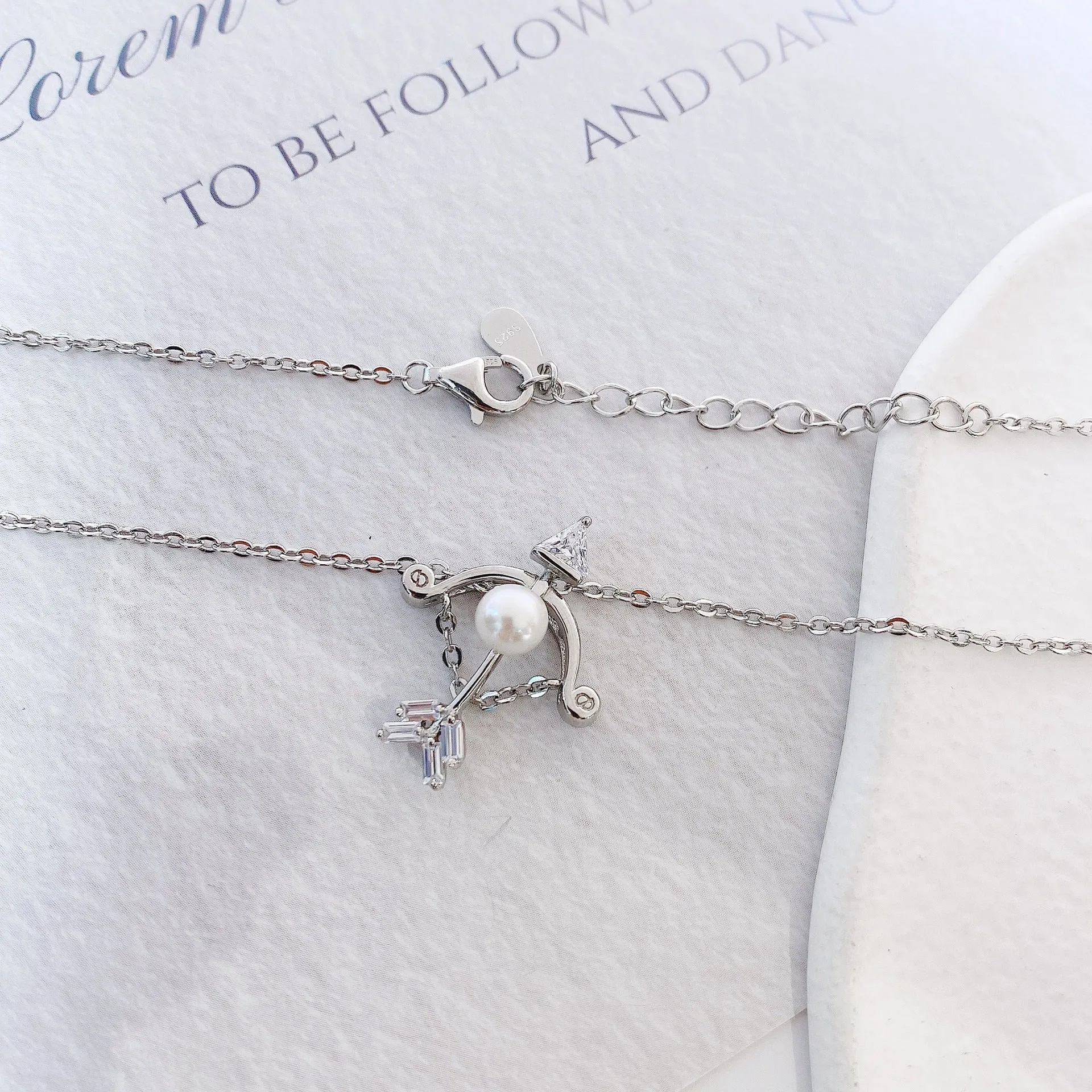 Cupid's Arrow with Natural Pearl and Zircon Pendant Silver Necklace for Women