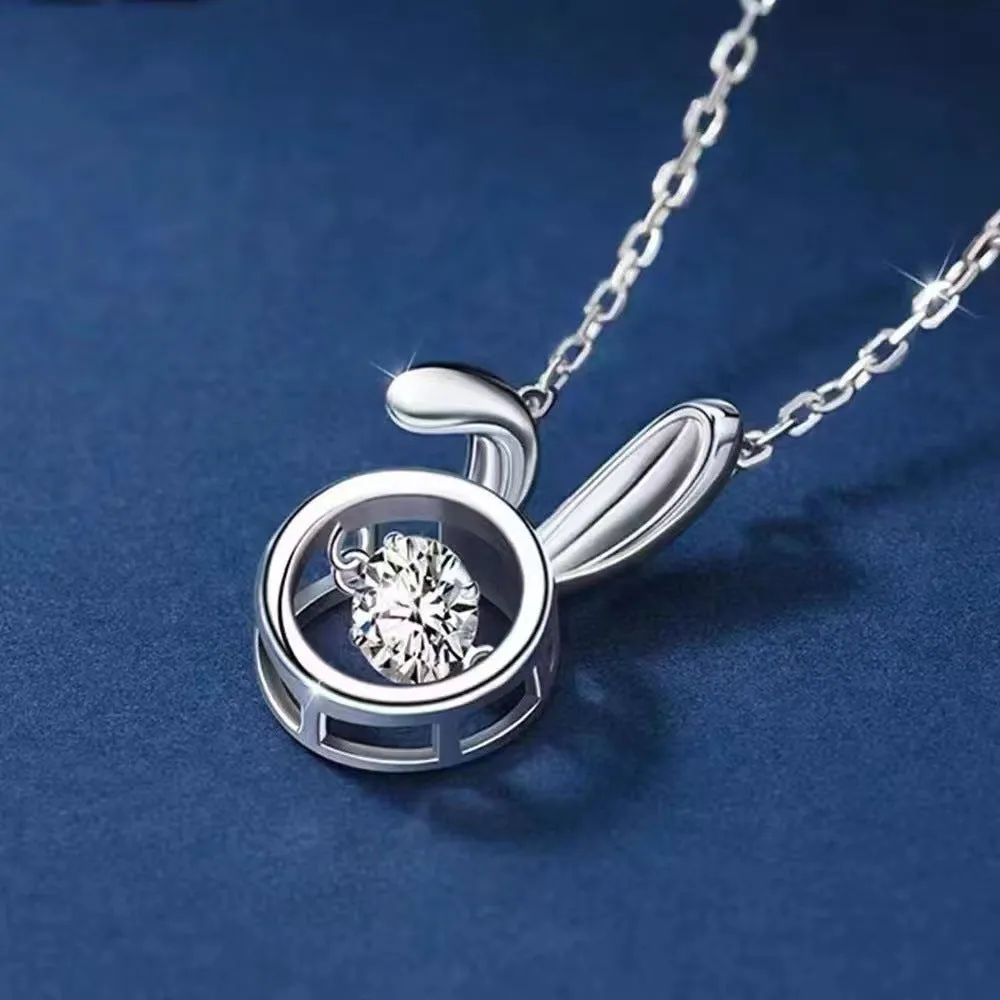 Cute Rabbit with Round Zircon Pendant Silver Necklace for Women