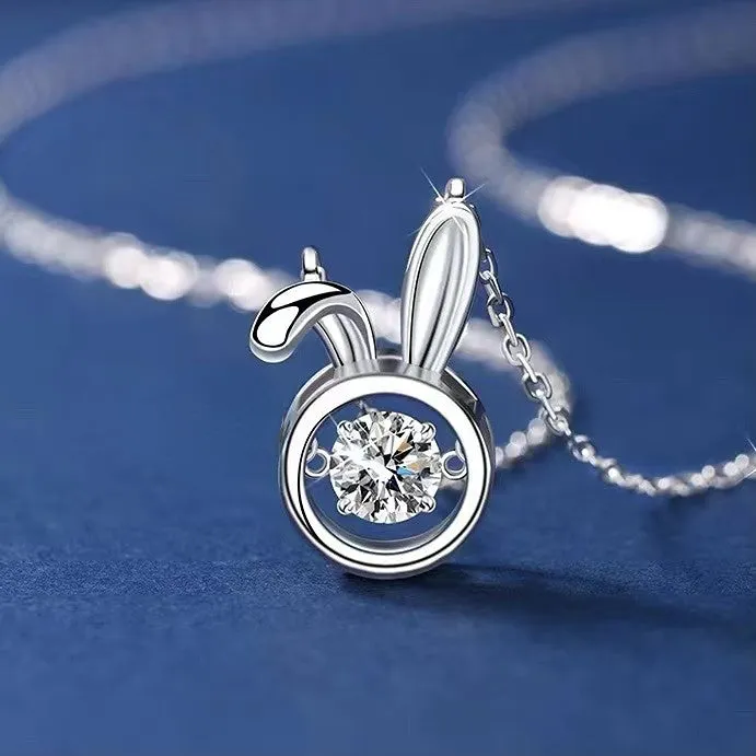 Cute Rabbit with Round Zircon Pendant Silver Necklace for Women