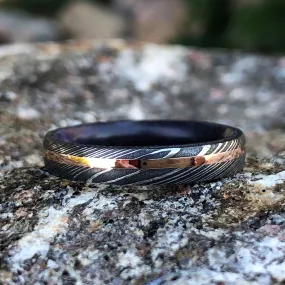 Damascus Steel Wedding Band With Purple Rain Sleeve And 14k Off-Center Rose Gold Inlay,Damascus Steel Ring