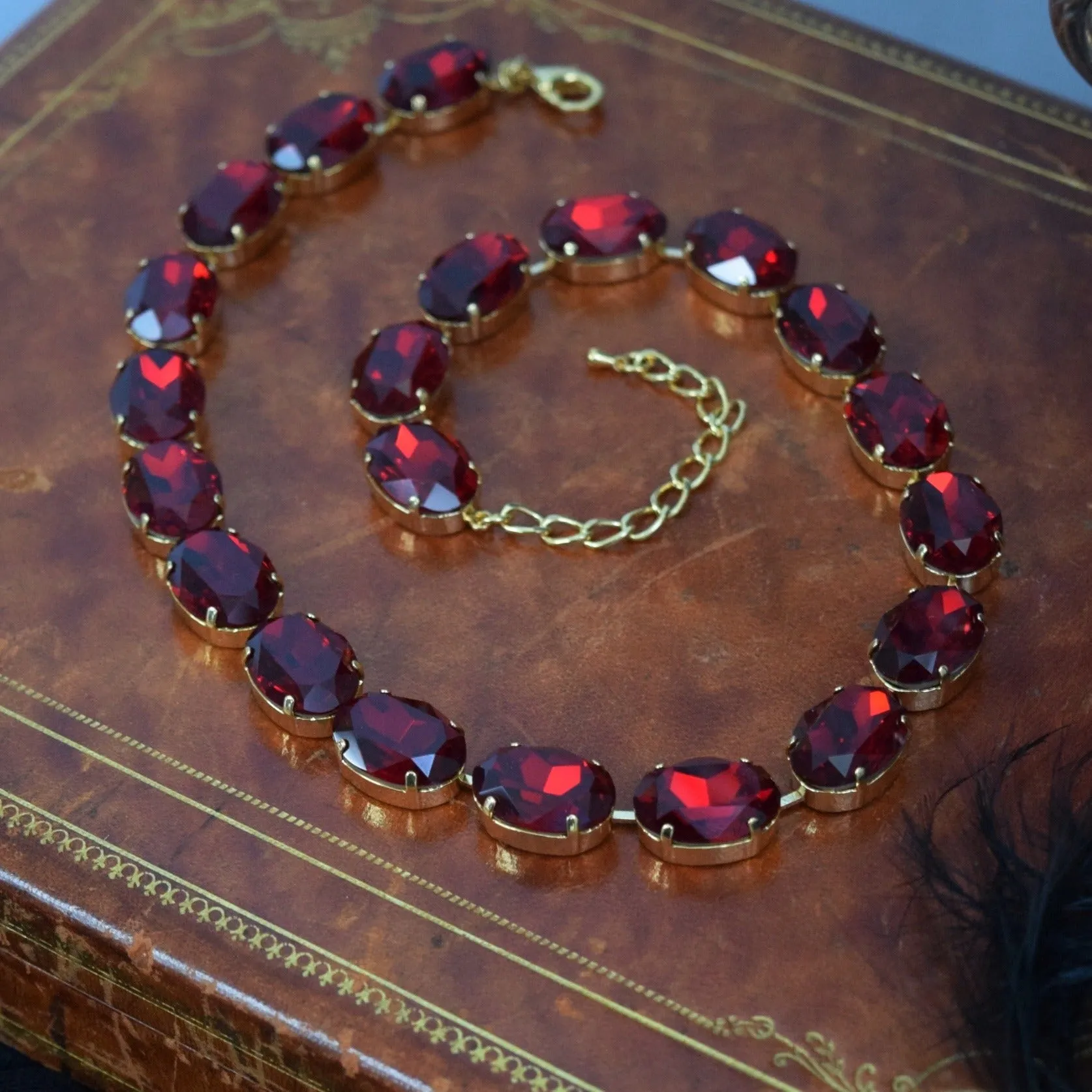 Deep Red Aurora Crystal Collet Necklace - Large Oval