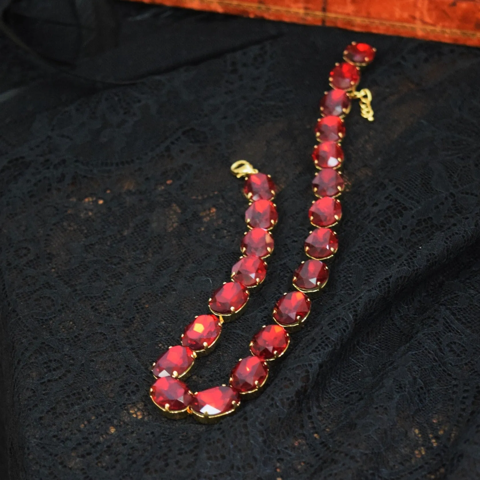 Deep Red Aurora Crystal Collet Necklace - Large Oval