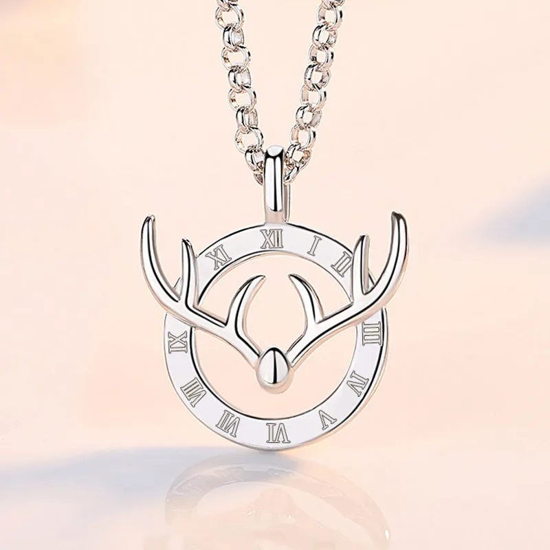 Deer with Zircon Circle Pendant Silver Necklace for Women