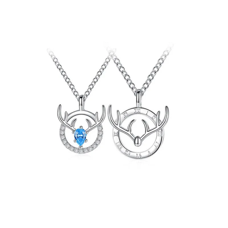 Deer with Zircon Circle Pendant Silver Necklace for Women