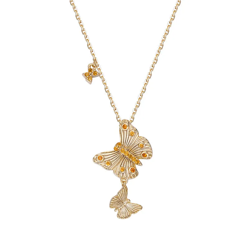 Double Butterflies Yellow Zircon Silver Necklace