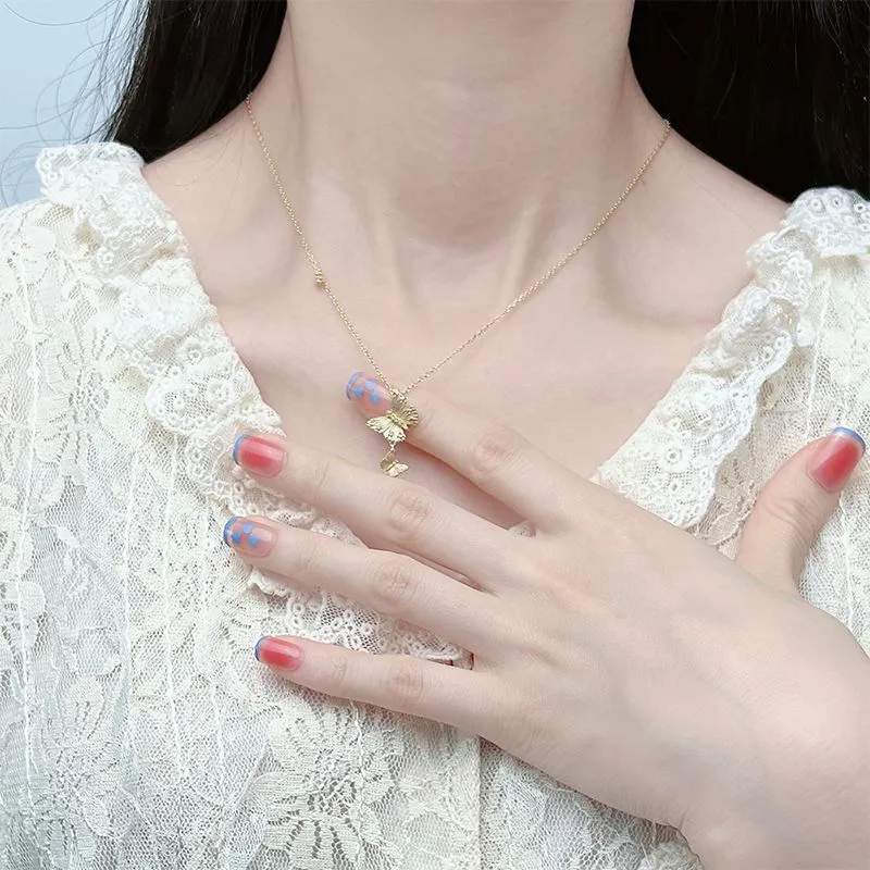 Double Butterflies Yellow Zircon Silver Necklace