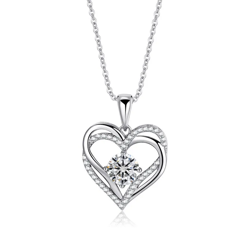 Double Hollow Heart with Round Zircon Pendant Silver Necklace for Women