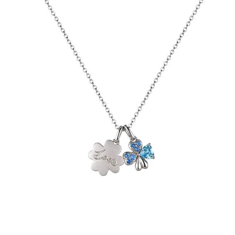 Double Lucky Clover with Blue Zircon Silver Necklace for Women