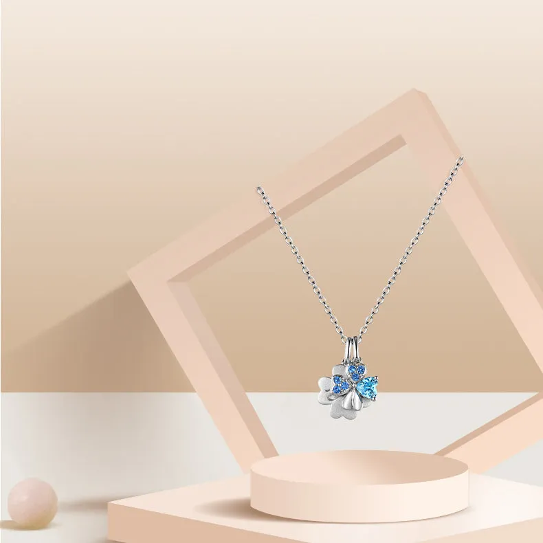 Double Lucky Clover with Blue Zircon Silver Necklace for Women