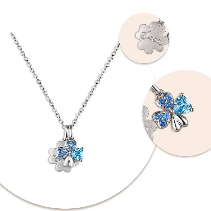 Double Lucky Clover with Blue Zircon Silver Necklace for Women