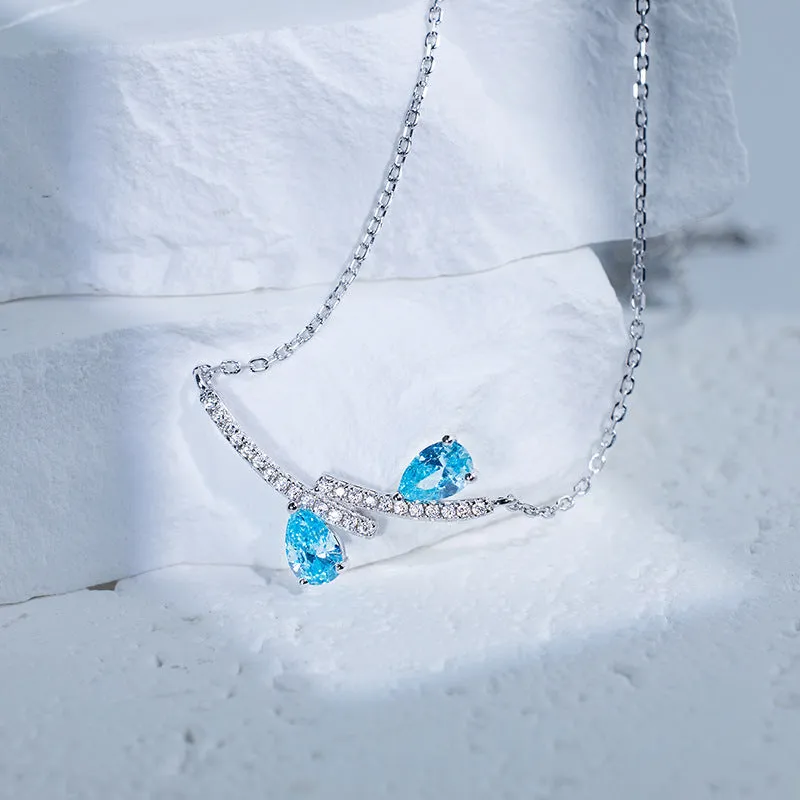 Double Pear Shape Sea Blue Zircon Two Lines Pendant Sterling Silver Necklace