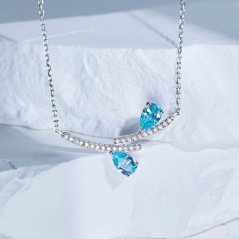 Double Pear Shape Sea Blue Zircon Two Lines Pendant Sterling Silver Necklace