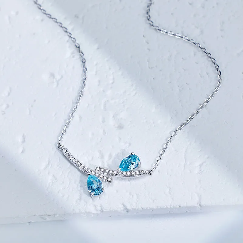 Double Pear Shape Sea Blue Zircon Two Lines Pendant Sterling Silver Necklace