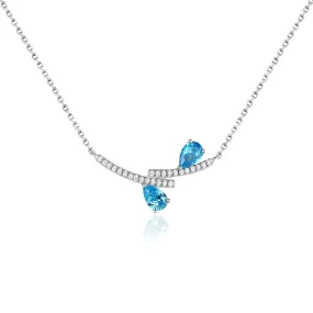 Double Pear Shape Sea Blue Zircon Two Lines Pendant Sterling Silver Necklace