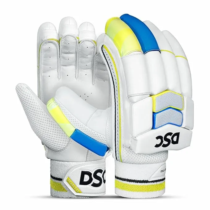 DSC Condor Glider Leather Cricket Batting Gloves for Men, Right Hand – Premium Protection-White/Blue/Yellow