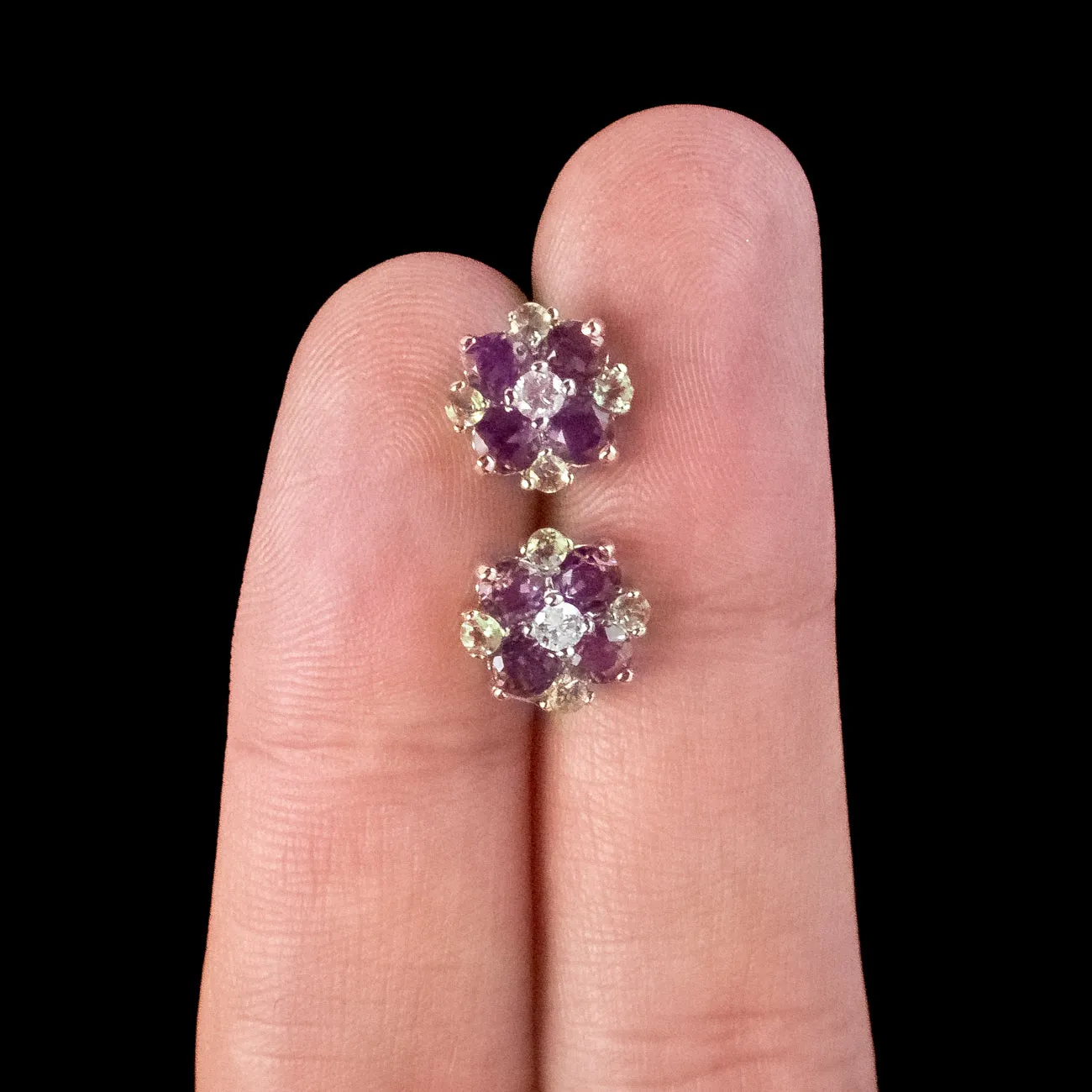 Edwardian Style Suffragette Stud Earrings Amethyst Peridot Diamond