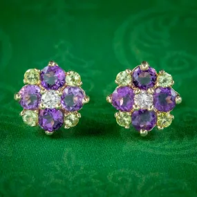 Edwardian Style Suffragette Stud Earrings Amethyst Peridot Diamond