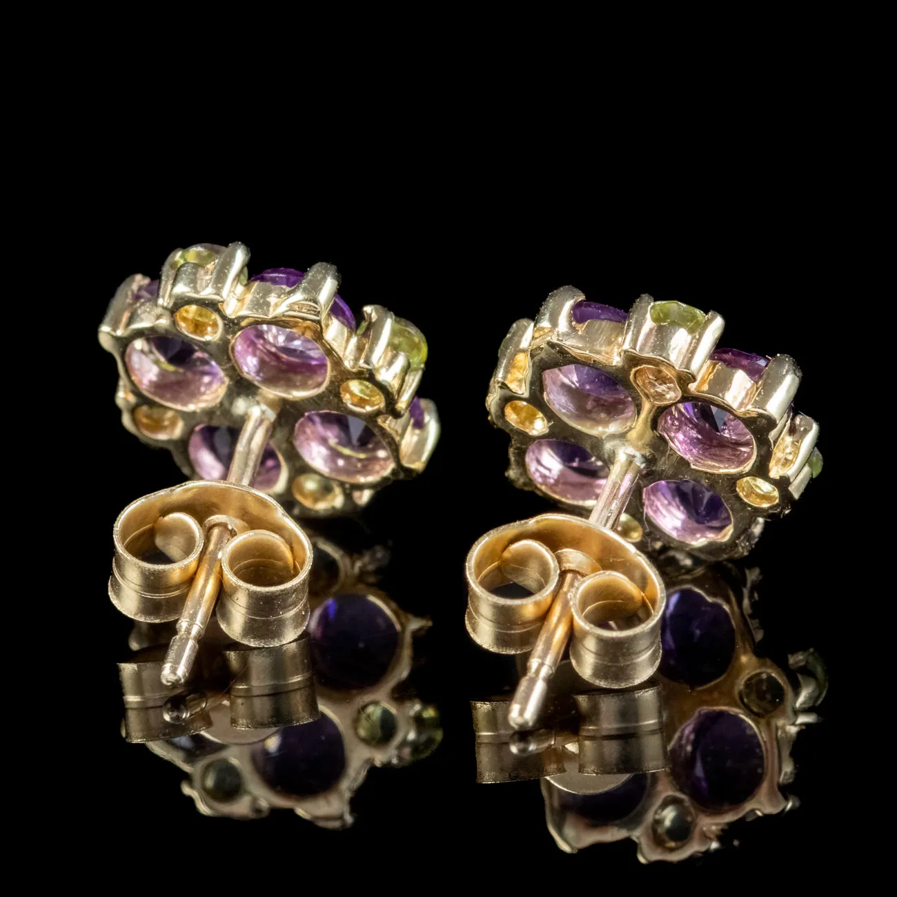 Edwardian Style Suffragette Stud Earrings Amethyst Peridot Diamond