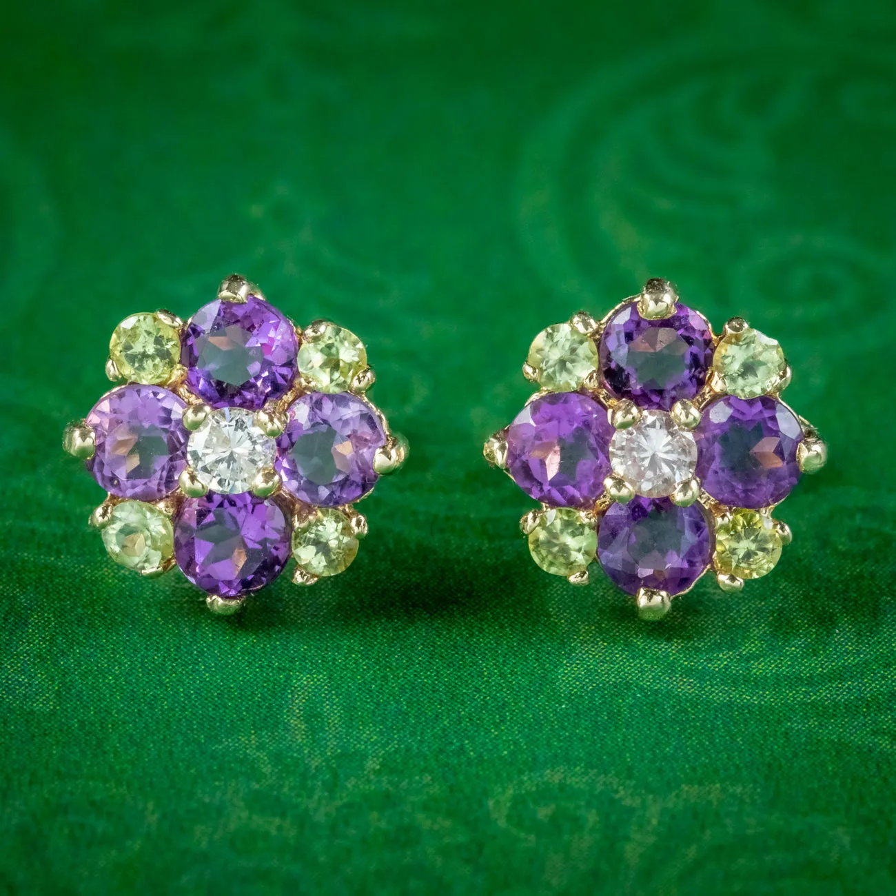 Edwardian Style Suffragette Stud Earrings Amethyst Peridot Diamond